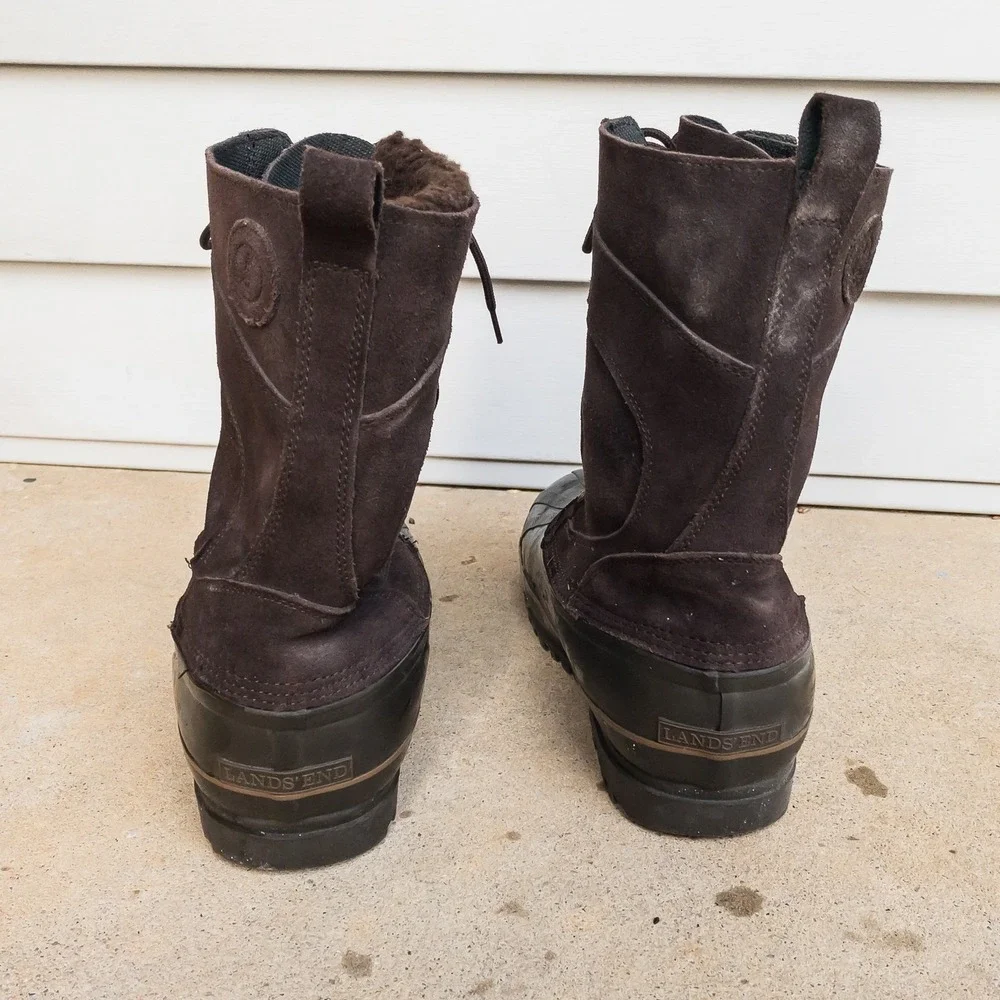 Lands' End Duck Boots Mens‎ 8D Brown Suede Insulated Snow Winter Rubber Suede